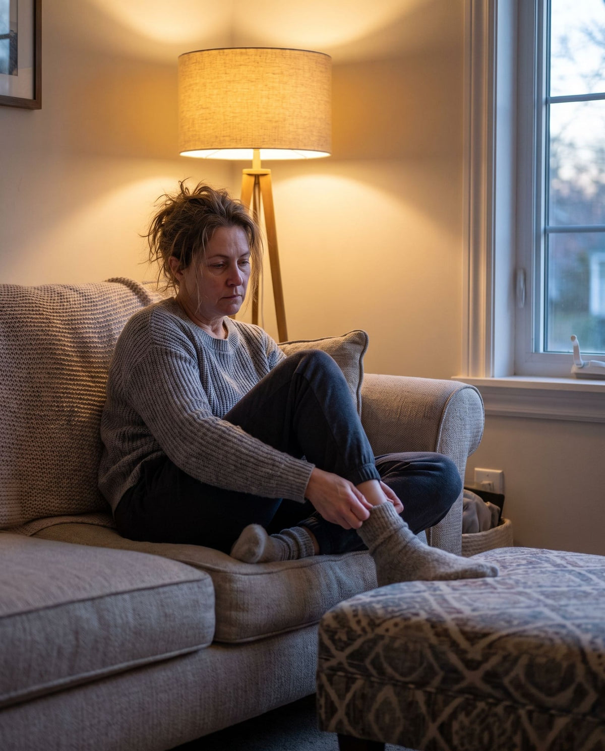 Woman slumped on a sofa, deep muscles on standby