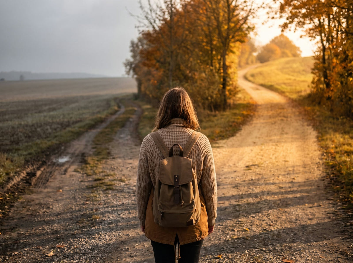 A woman standing where a path splits in two