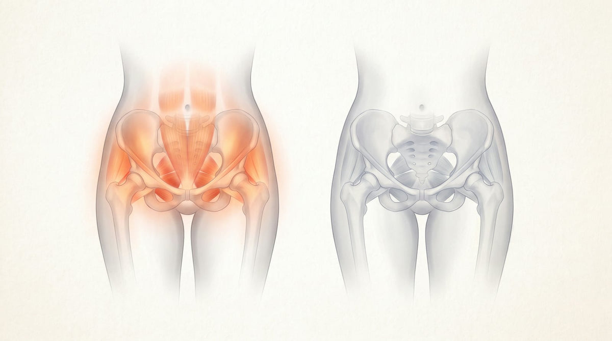 Illustration of the deep hip and pelvis muscles, active versus on standby