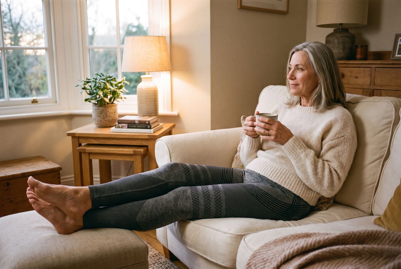 Julie relaxing on her sofa in the grey CelluFit Sculpt Legging
