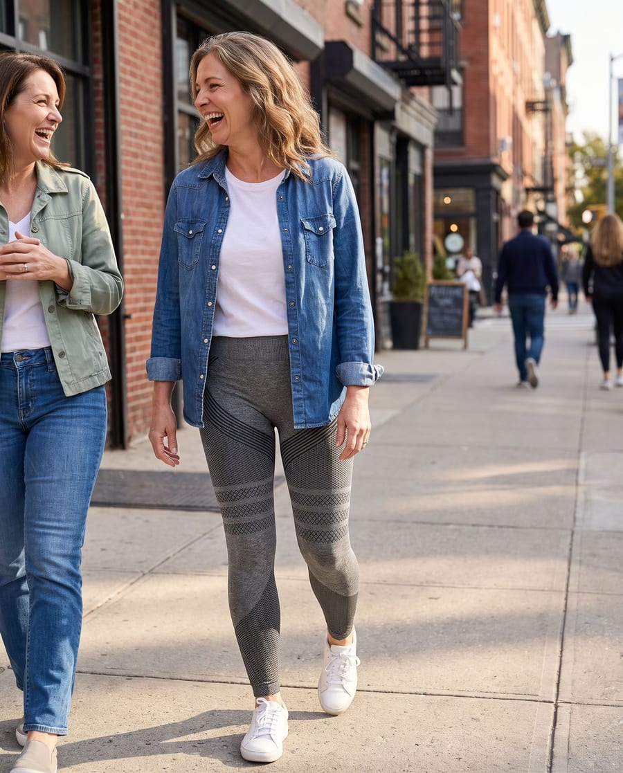 Two women talking on a walk; one wears the CelluFit Sculpt Legging